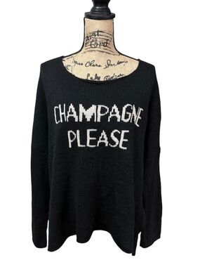 Wooden Ships Black Crewneck Sweater with 'CHAMPAGNE PLEASE' Knit